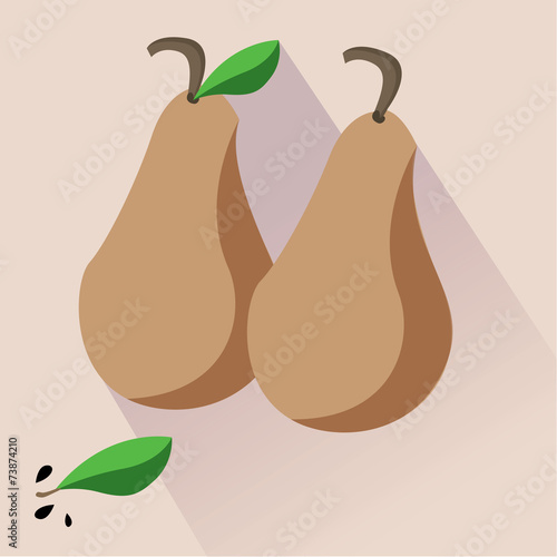 Two rip brown pears with leaves and seeds. Long shadow