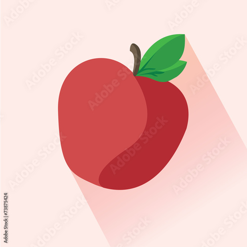 red apple with the green leaf. Long shadow