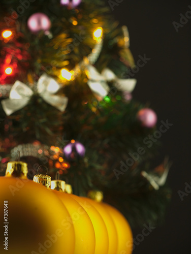 Gold Christmas balls on the background of the Christmas tree.