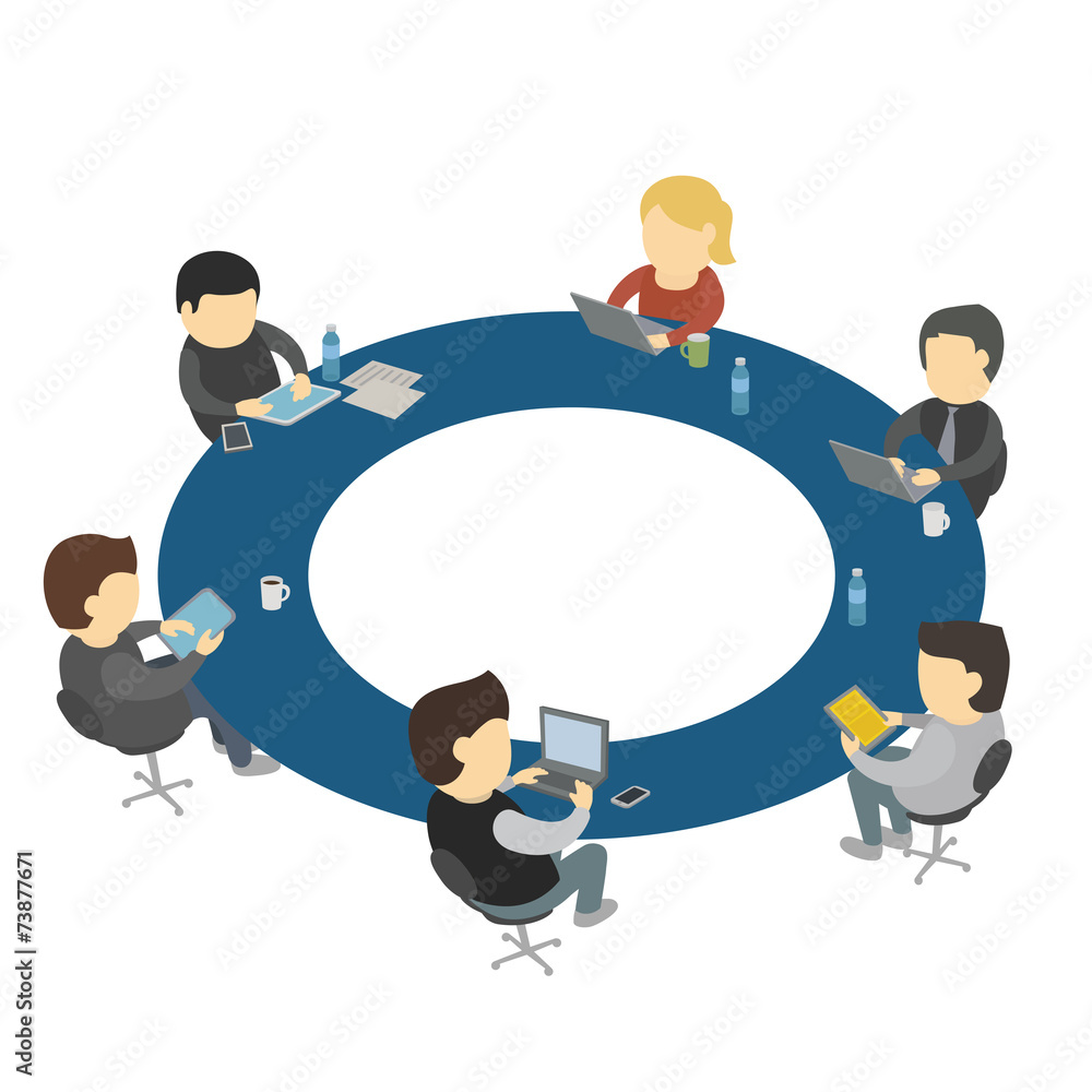 Six cartoon people work sitting round table Stock Vector | Adobe Stock