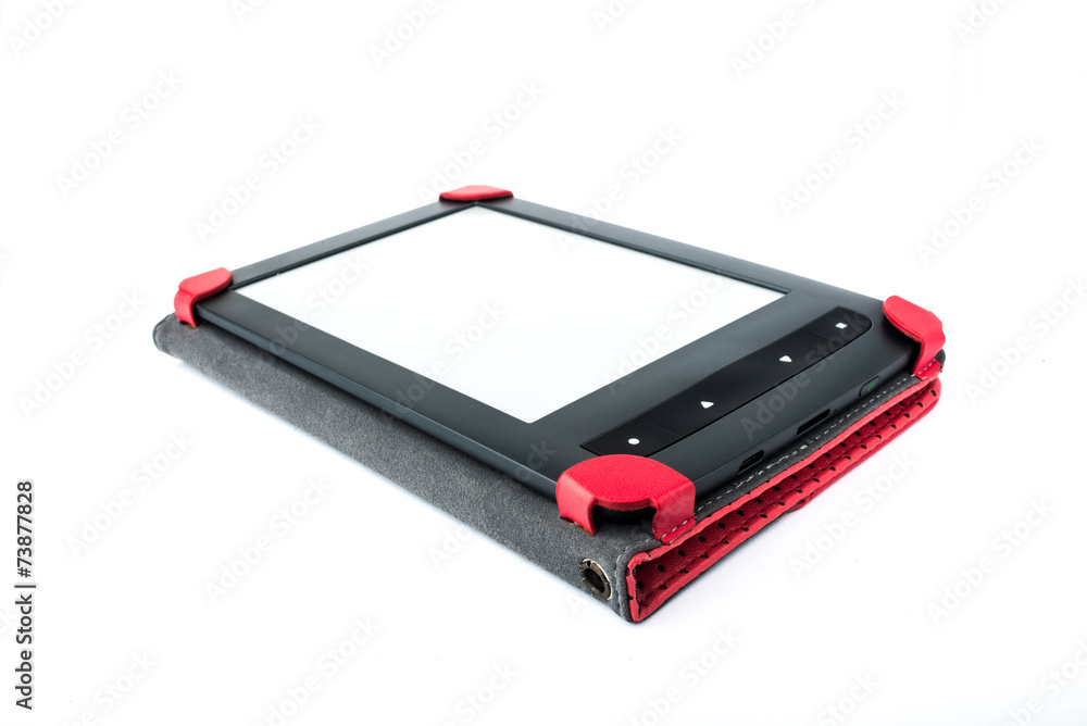 E-book for reading on a white background in red cover E-book for reading on a white background in red cover
