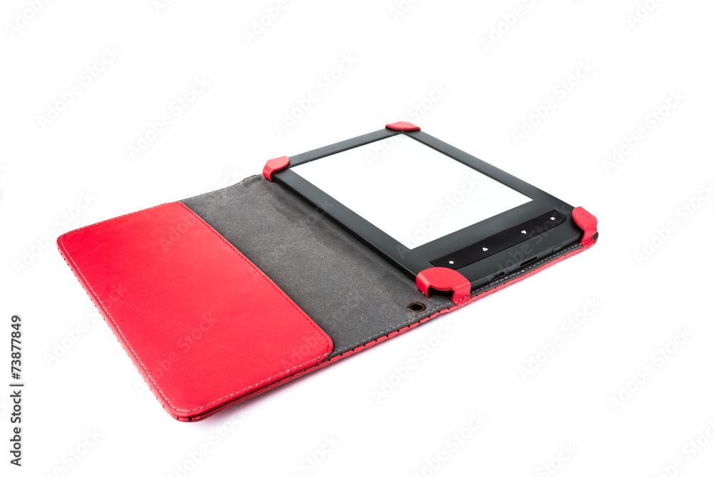 E-book for reading on a white background in red cover E-book for reading on a white background in red cover