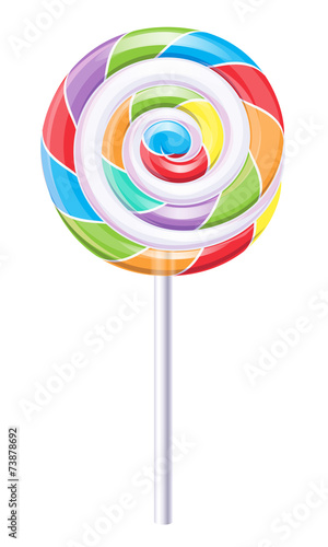 Rainbow colored round spiral lollipop.