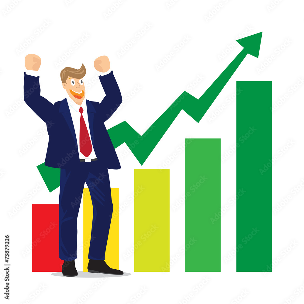 Illustration of Cheering businessman for stock market chart Illustration of Cheering businessman for stock market chart