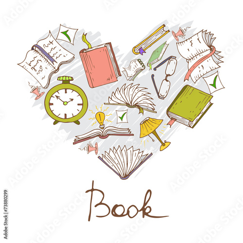 Vector stylized heart with hand drawn cartoon books