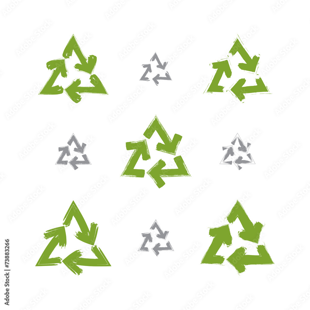 Set of hand-painted recycle signs isolated on white background,