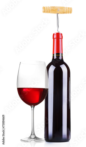 Bottle of great wine and glass isolated on white