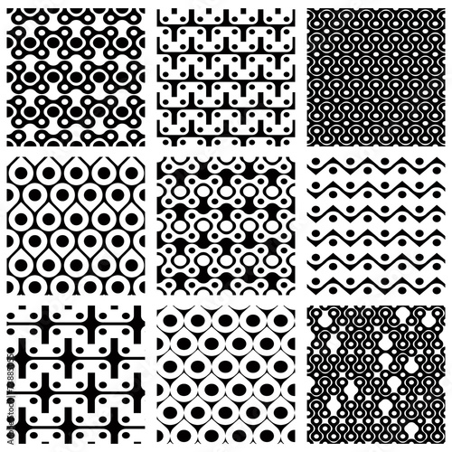 Set of dotted seamless patterns with rings, squares and geometri