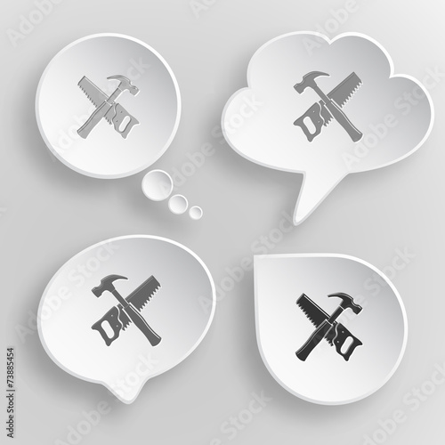 Hand saw and hammer. White flat vector buttons on gray backgroun