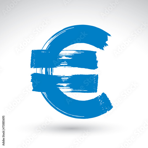 Hand-painted blue Euro icon isolated on white background, Europe