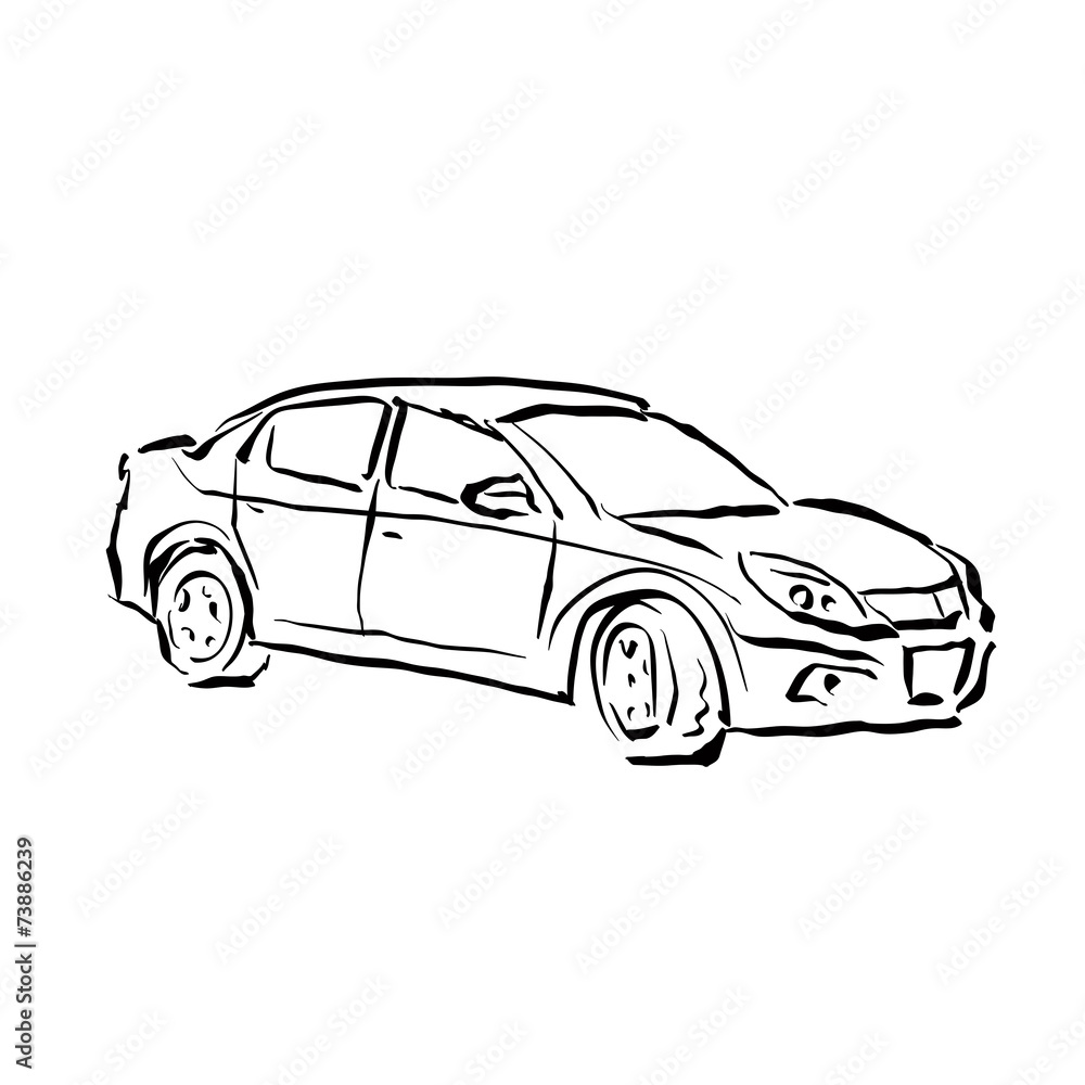 Obraz premium Monochrome hand drawn car on white background, black and white i