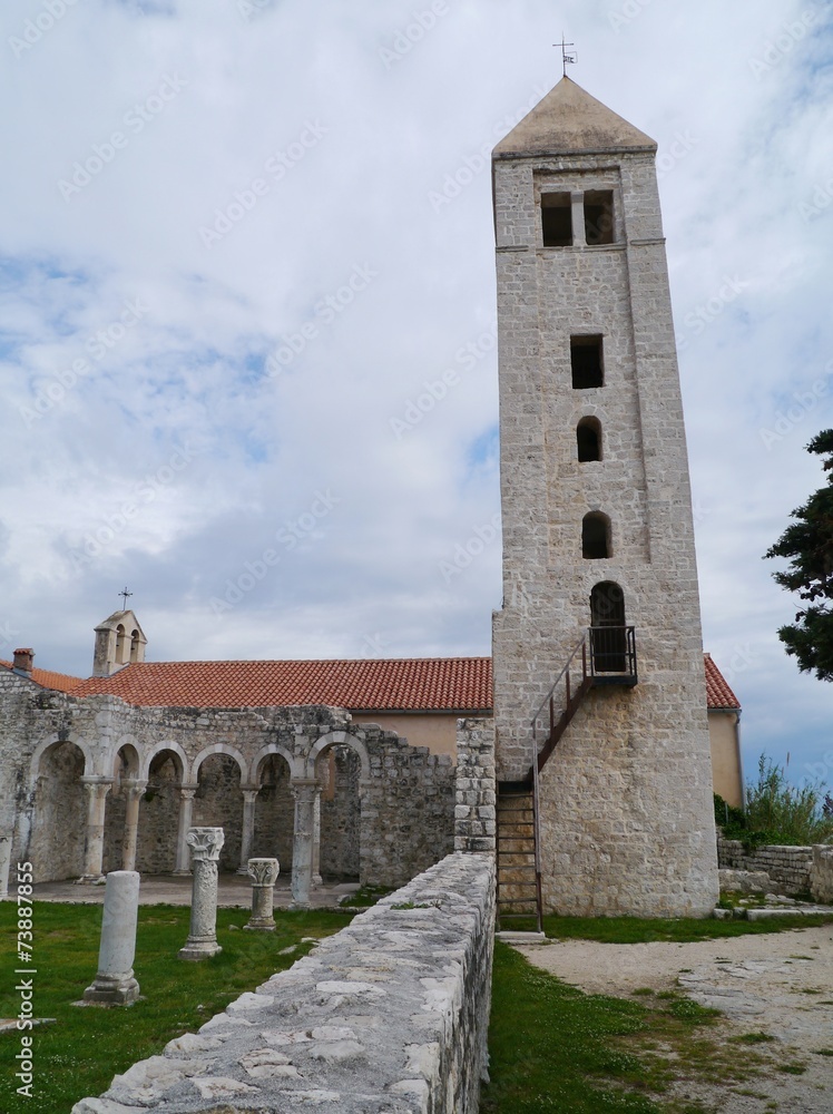 Remains of the monastery of St John and its bell tower in Rab