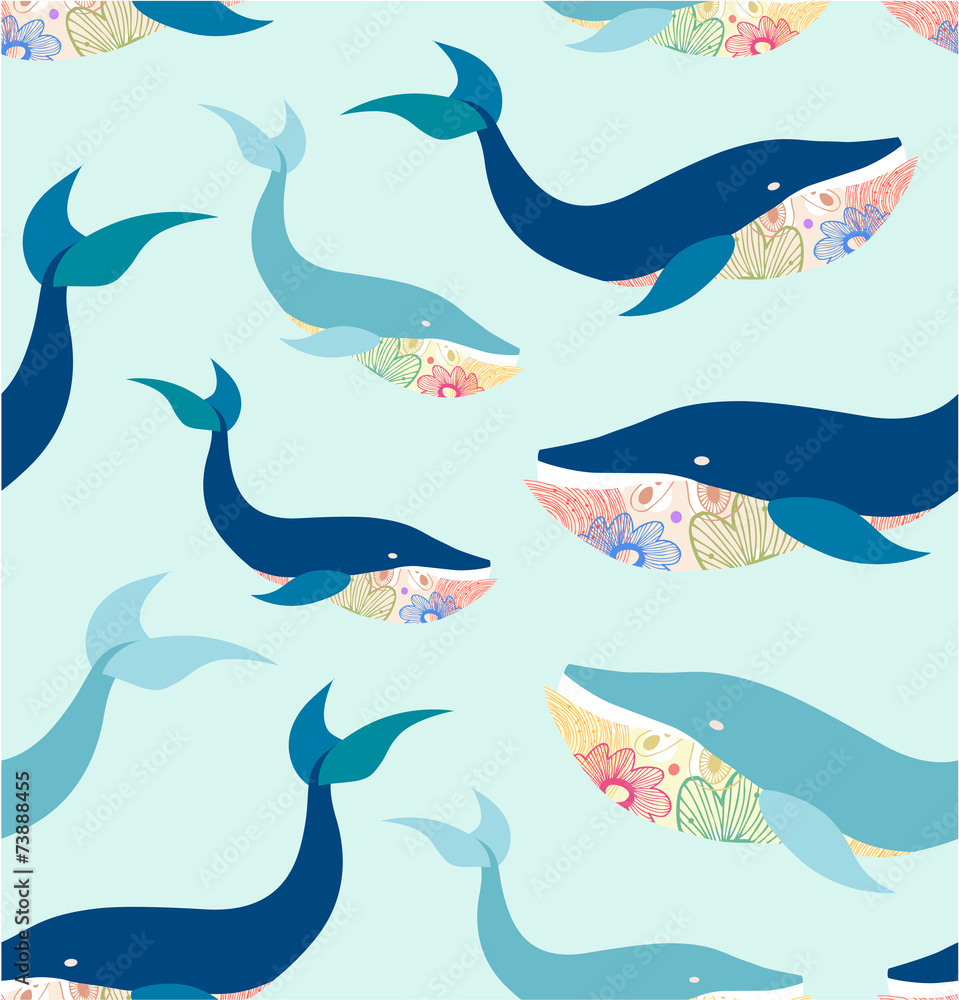 Marine seamless pattern with whales, cute background
