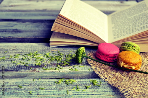 Принти на полотні Macaroons with open book on a wooden background
