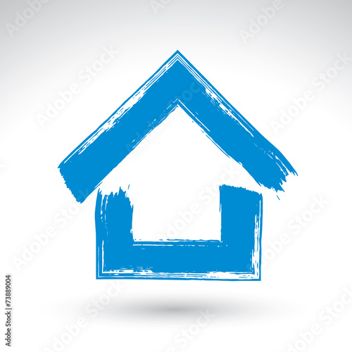 Hand drawn blue country house icon, estate logotype, brush drawi