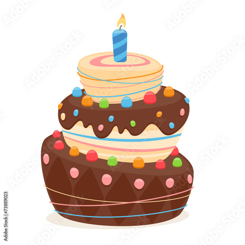 Birthday cake with candle and chocolate frosting.