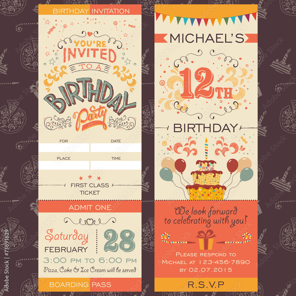 Birthday party invitation ticket - obrazy, fototapety, plakaty 