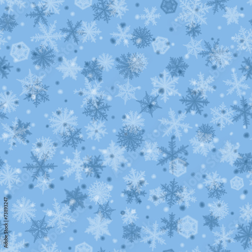 Seamless pattern from blured snowflakes on blue background.