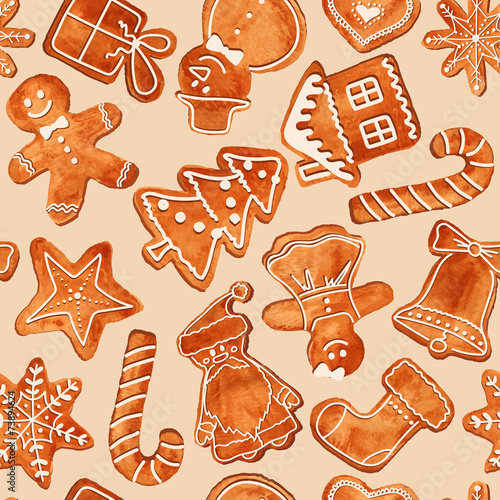 Seamless pattern of watercolor gingerbread cookies