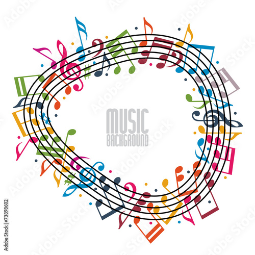 Colorful music background with clef and notes and copy space in