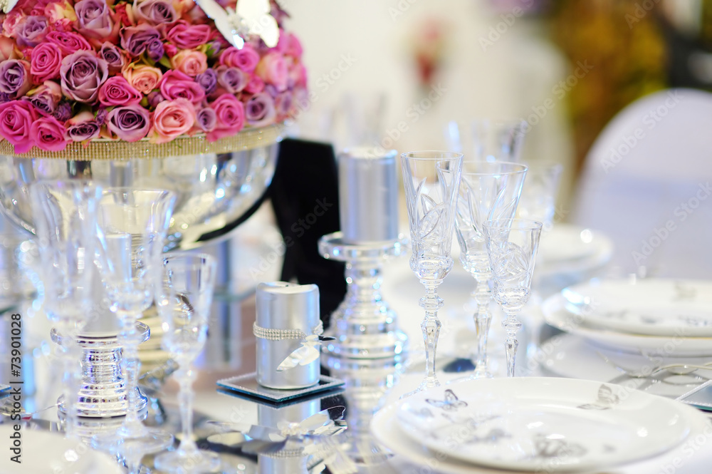 Table set for an event party or wedding reception Table set for an event party or wedding reception