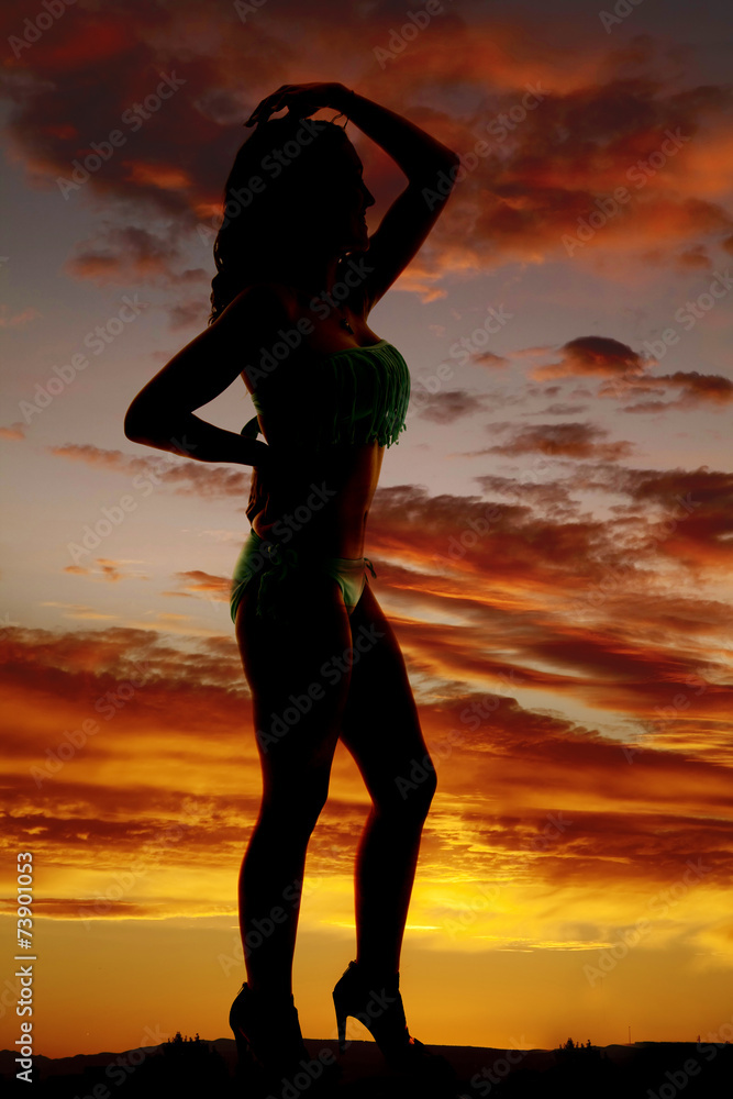 silhouette of woman in bikini and heels side hand head