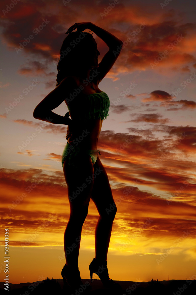 silhouette of woman in bikini and heels side hand head silhouette of woman in bikini and heels side hand head