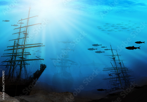 underwater world with old ship
