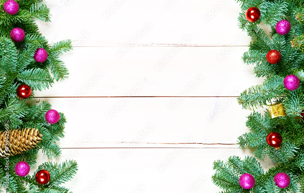 Christmas background with spruce tree and christmas balls on tab Christmas background with spruce tree and christmas balls on tab
