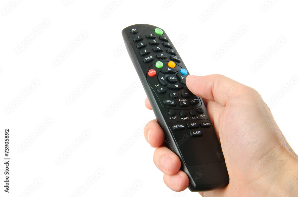 TV remote control in hand isolated on white TV remote control in hand isolated on white