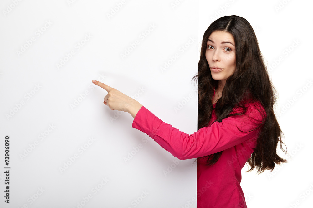 Happy smiling young woman showing blank signboard. Happy smiling young woman showing blank signboard.
