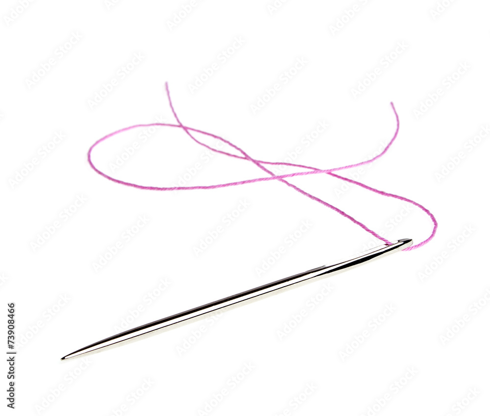 Needle for sewing and pink thread, isolated on a white backgroun Needle for sewing and pink thread, isolated on a white backgroun