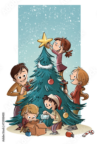 familia adornando árbol de navidad