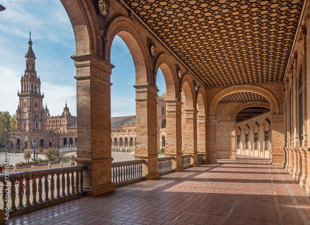 Seville - The portico of Plaza de Espana square - obrazy, fototapety, plakaty 