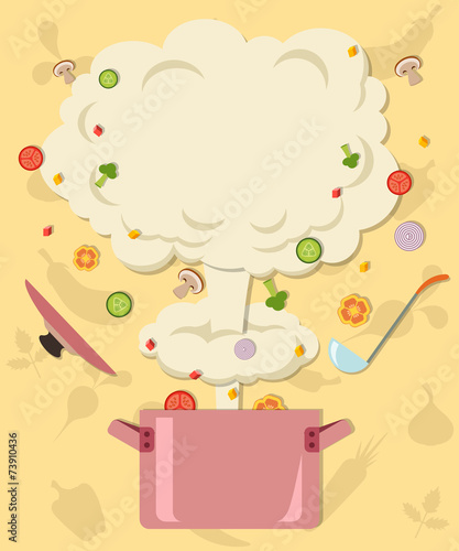 Colored vector illustration of blast and vegetables flying out
