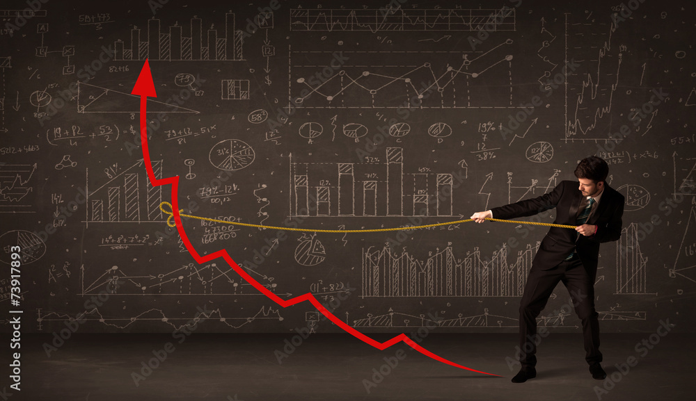 Businessman pulling a red arrow upright with a rope Businessman pulling a red arrow upright with a rope