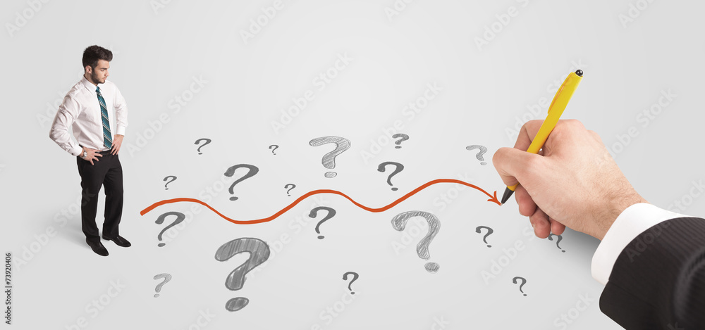 Business man looking at question marks and solution path Business man looking at question marks and solution path