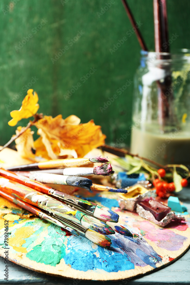 Beautiful still life with professional art materials, close up Beautiful still life with professional art materials, close up