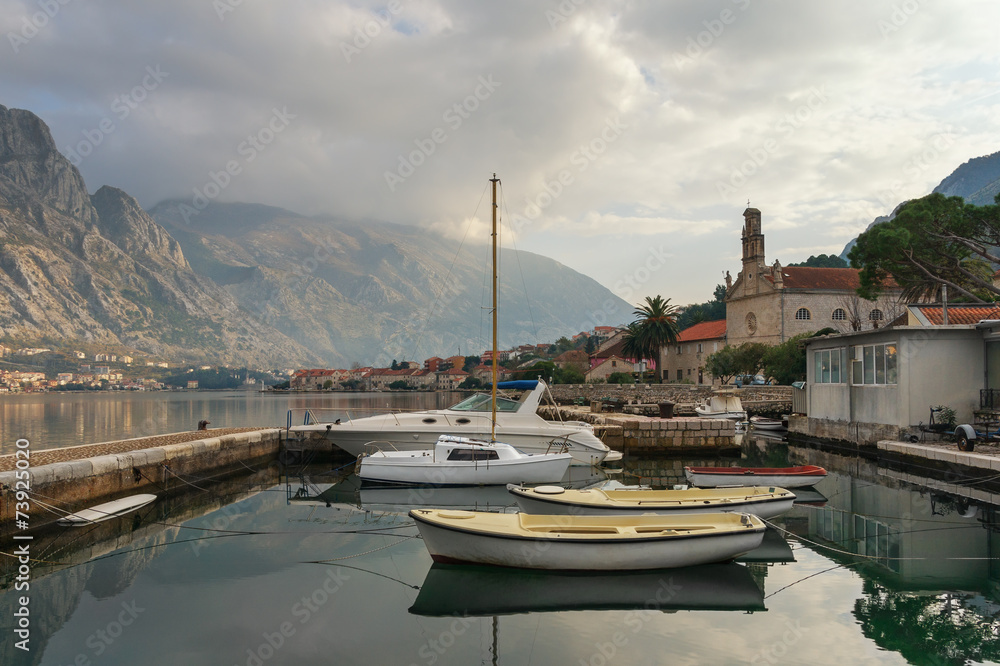 Boat dock in Prcanj town. Autumn in Montenegro