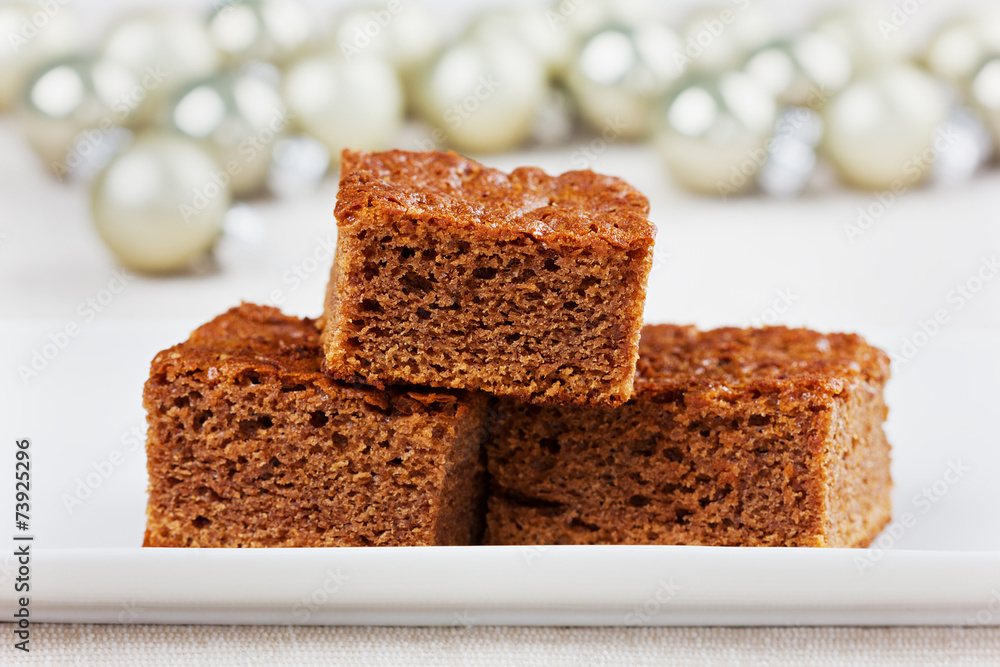 brownie, closeup chocolate cake in white plate, selective focus