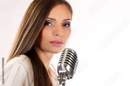 Karaoke Girl Singing , isolated on white background