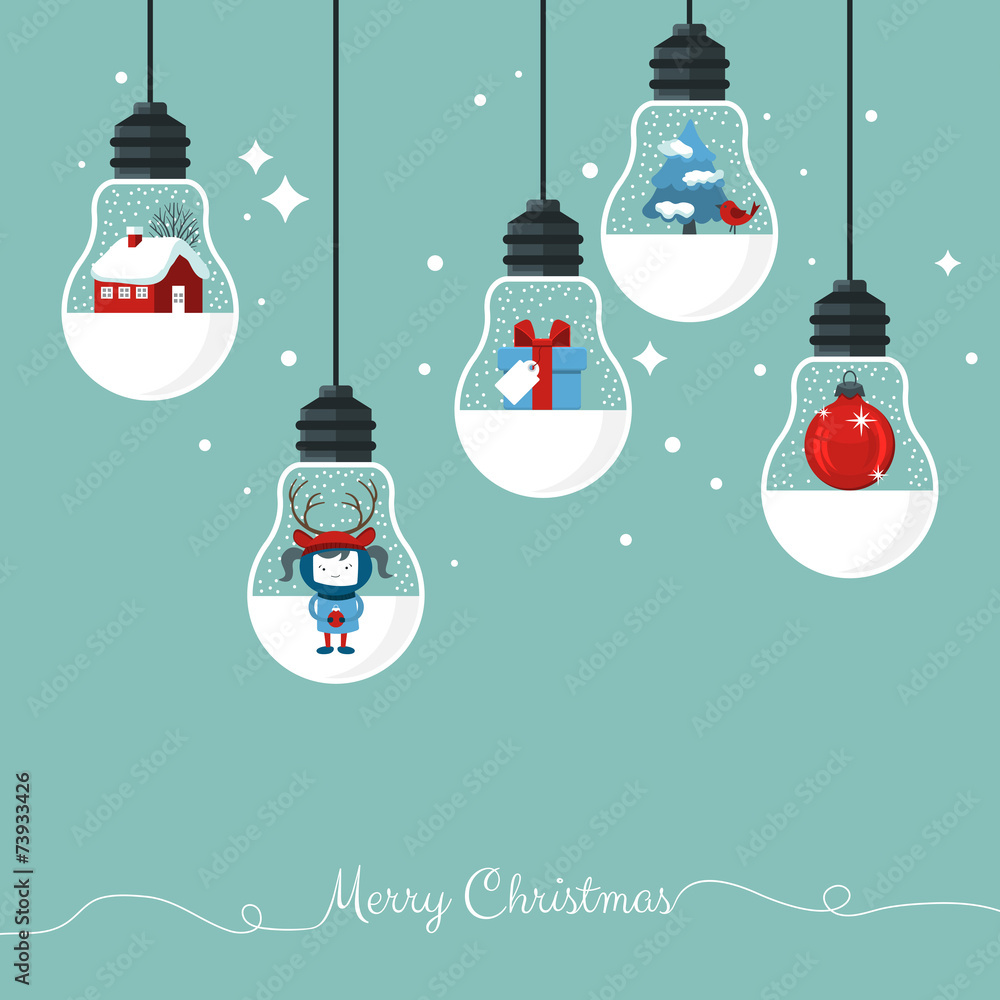 Modern Christmas greeting card with hanging light bulbs - obrazy, fototapety, plakaty 