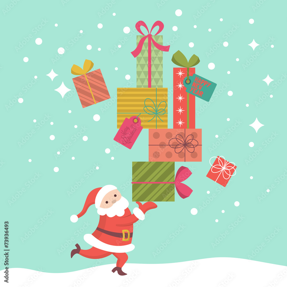 Fototapeta premium Christmas greeting card design with Santa bringing gift boxes