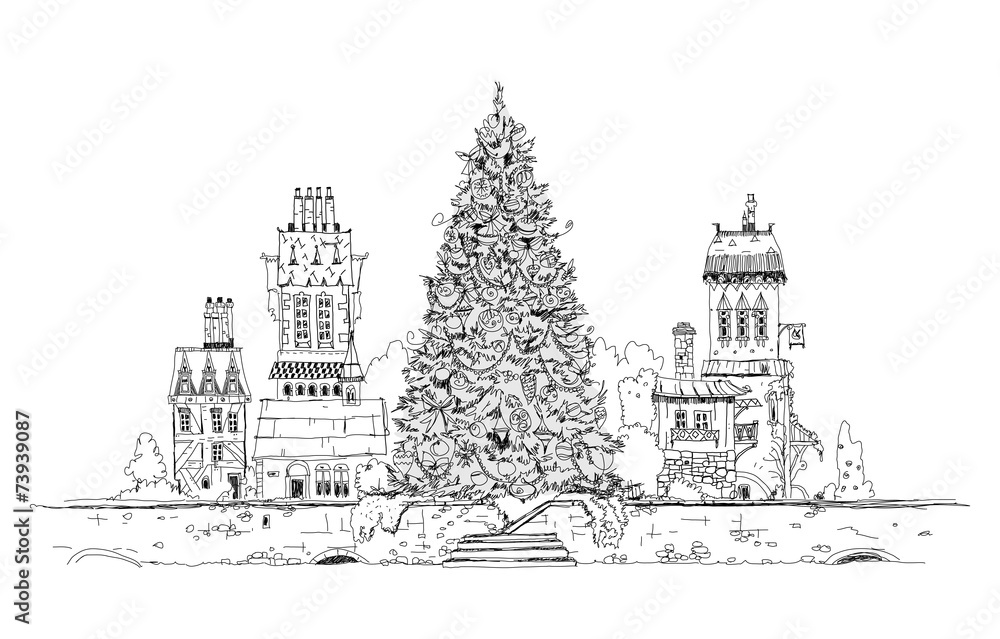 Christmas tree in city, sketch collection