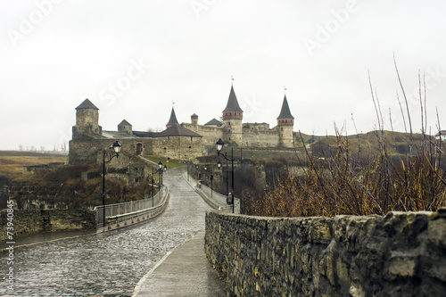 Old tower in Kamianets-Podilskyi with yte lights, Ukraine photo