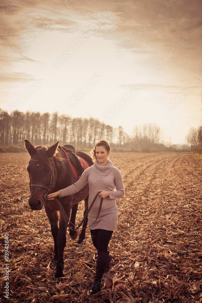 beautiful woman with horse - obrazy, fototapety, plakaty 