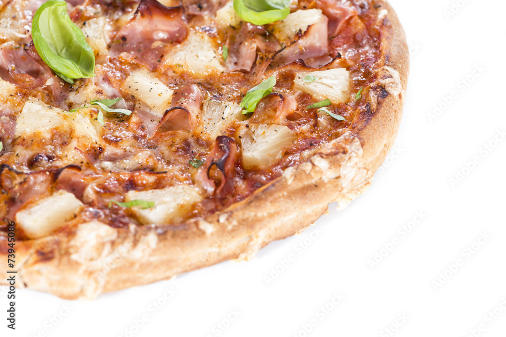 Ham and Pineapple Pizza isolated on white Ham and Pineapple Pizza isolated on white