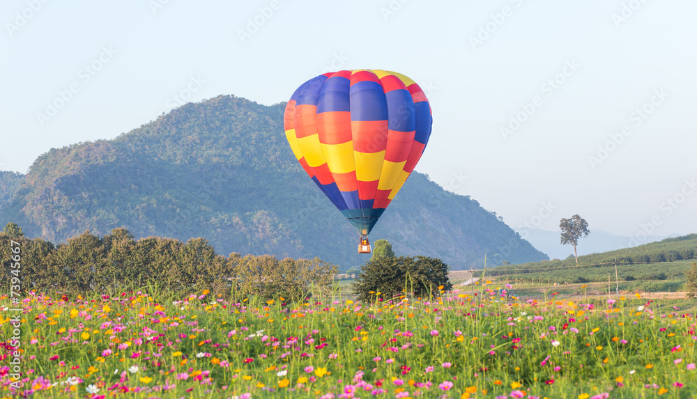 Fototapeta premium Hot air balloon over flower fields with mountain background