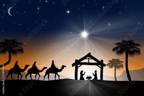 Fotografie Traditional Christian Christmas Nativity scene with the three wisdom man, sage,