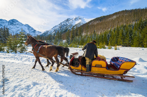 Horse sleigh to Morskie Oko lake in winter, Tatra Mountains